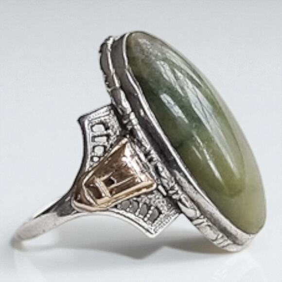 Vintage 925 Silver Nephrite Jade Ring Gold Fill Accent Size 7.5 Oval Stone - Picture 7 of 10